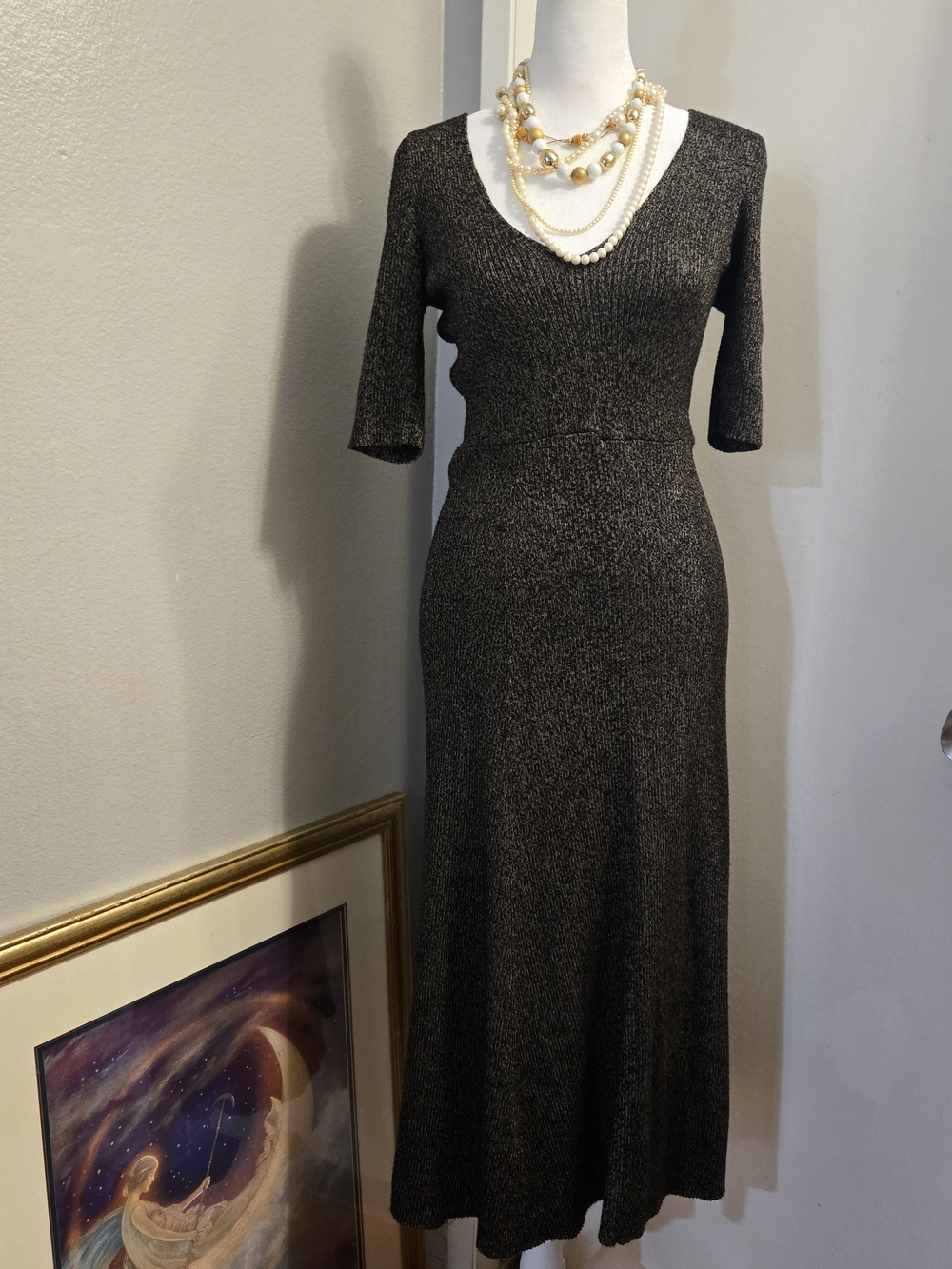 Zara Elegant Black Metallic Knit V-Neck Midi Dress Size M